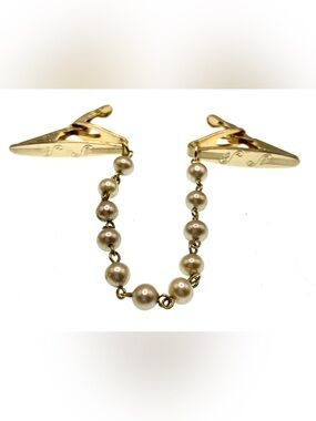 Vintage MCM Gold Tone Faux Pearl Sweater Clip | Retro Cardigan Guard Chain